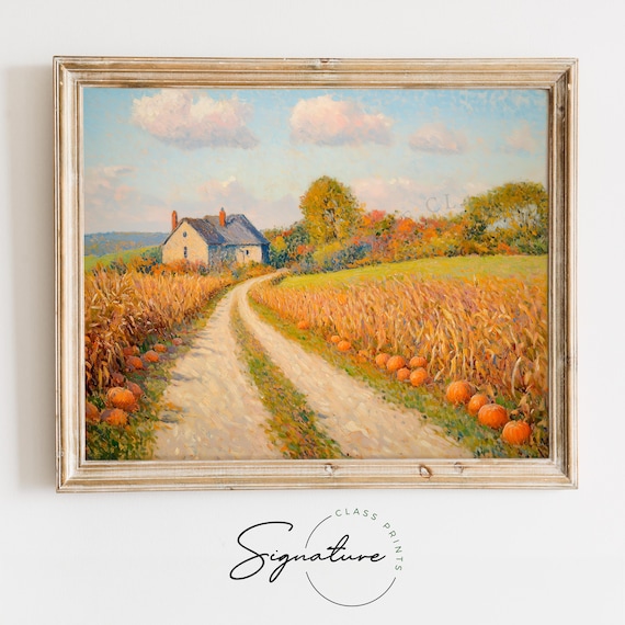 Winding Dirt Road Lined With Pumpkins Leading to a Quiet Farmhouse Poster