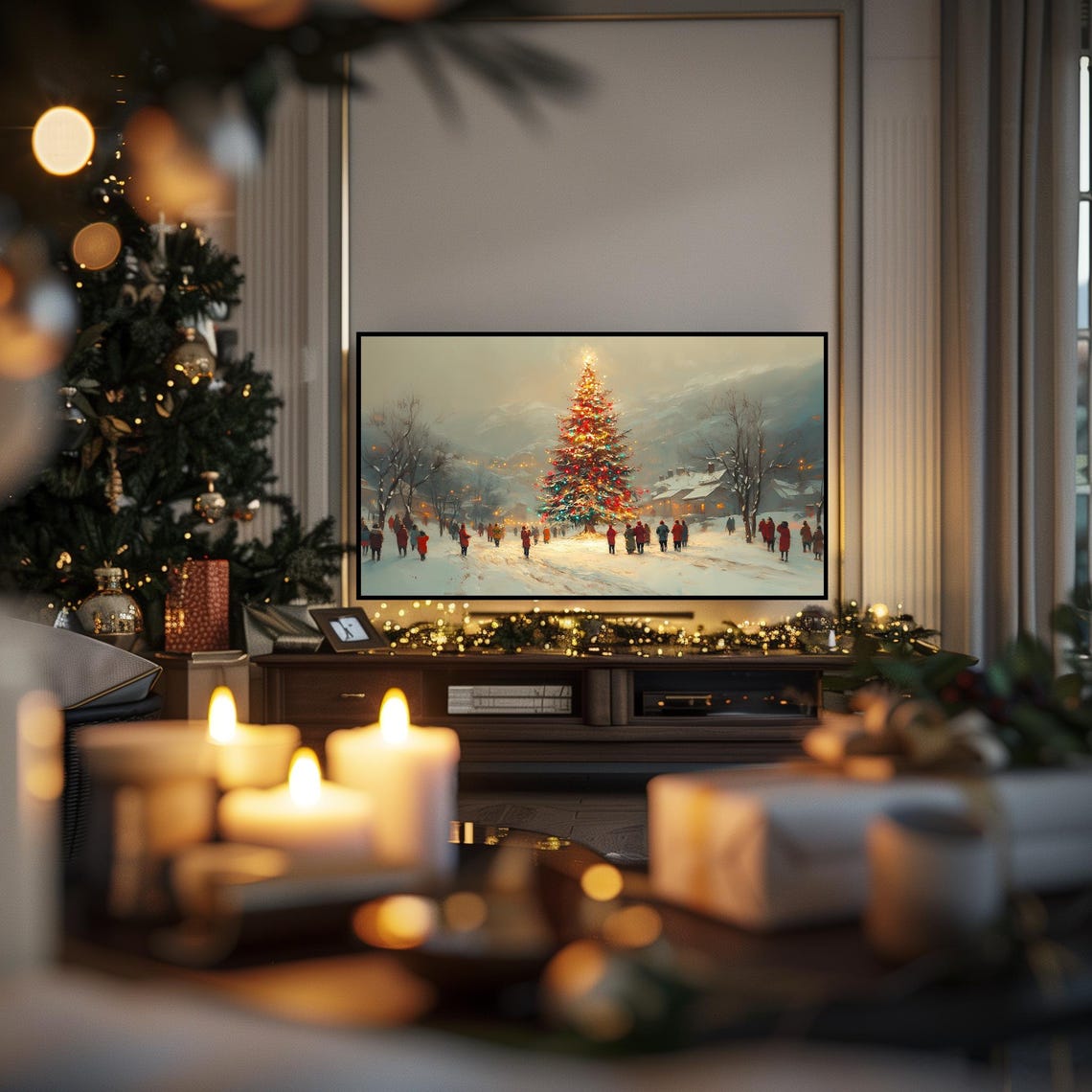 Town Christmas Tree Lighting Crowd In A Snowy Village Square Poster - Image 6