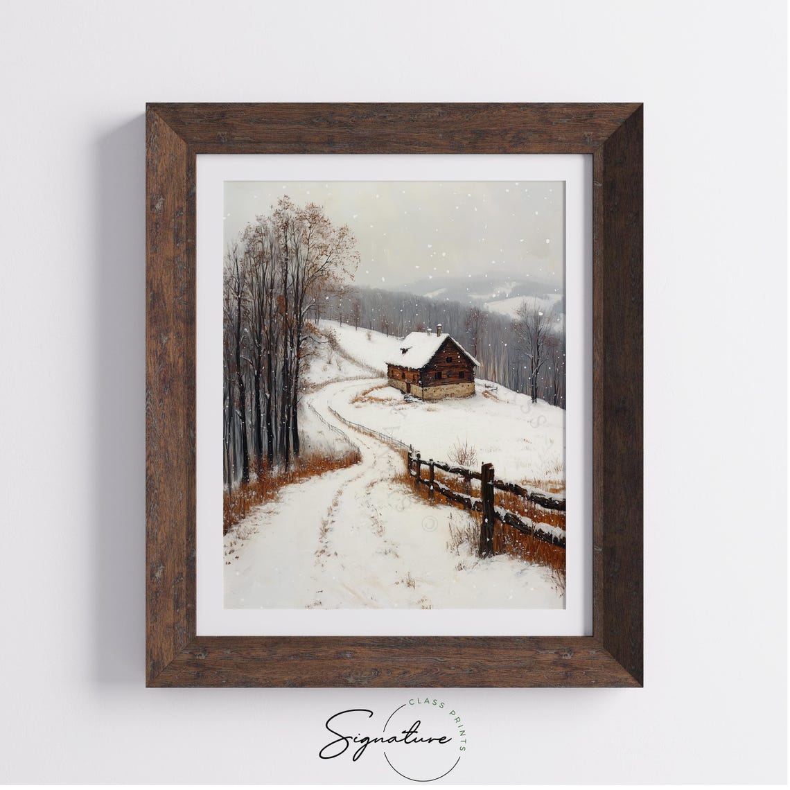 Snowy Log Cabin in Winter with Falling Snow Winding Path Poster - Image 3
