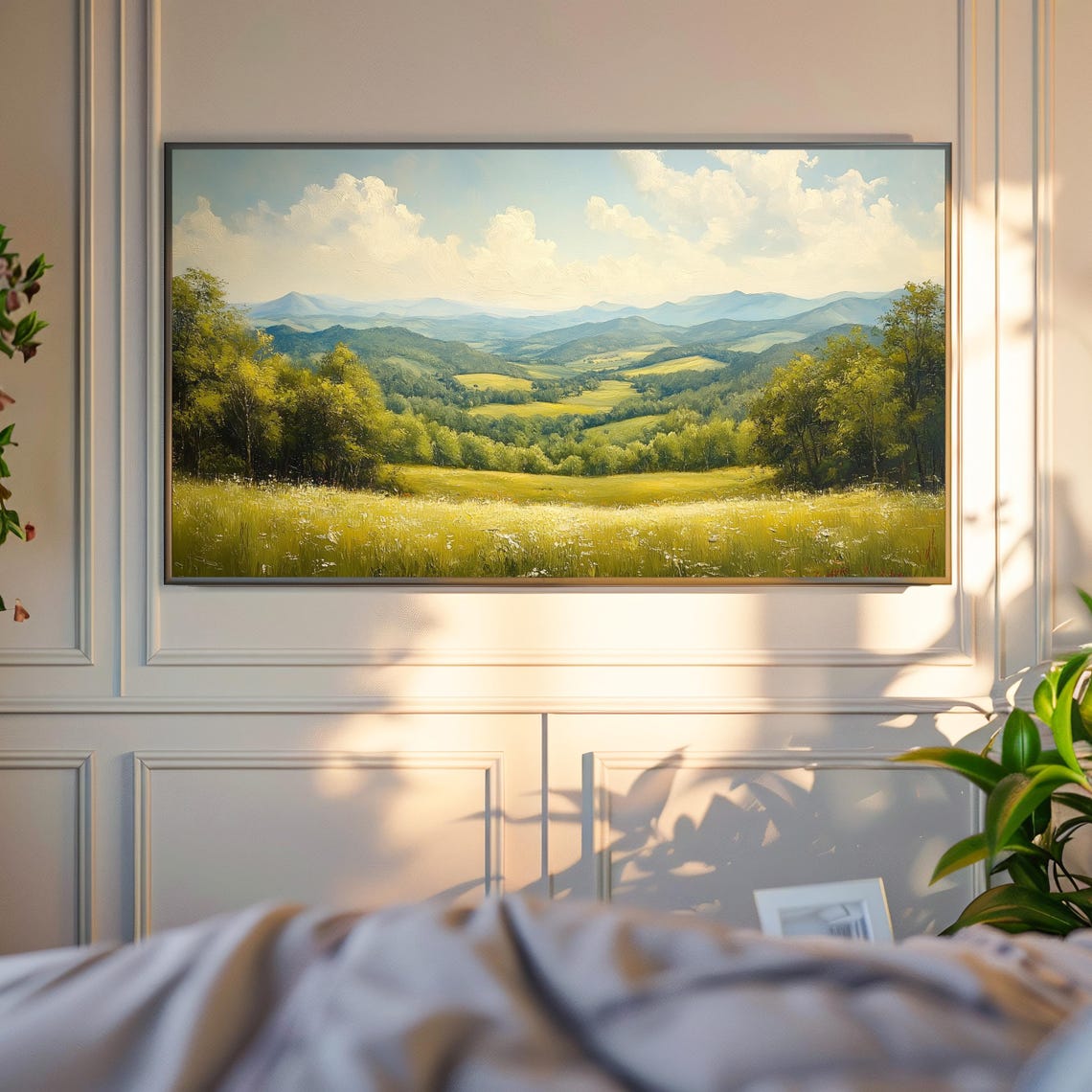 Golden Meadow Valley Rolling Green Hills Hazy Blue Mountains Wall Art - Image 6