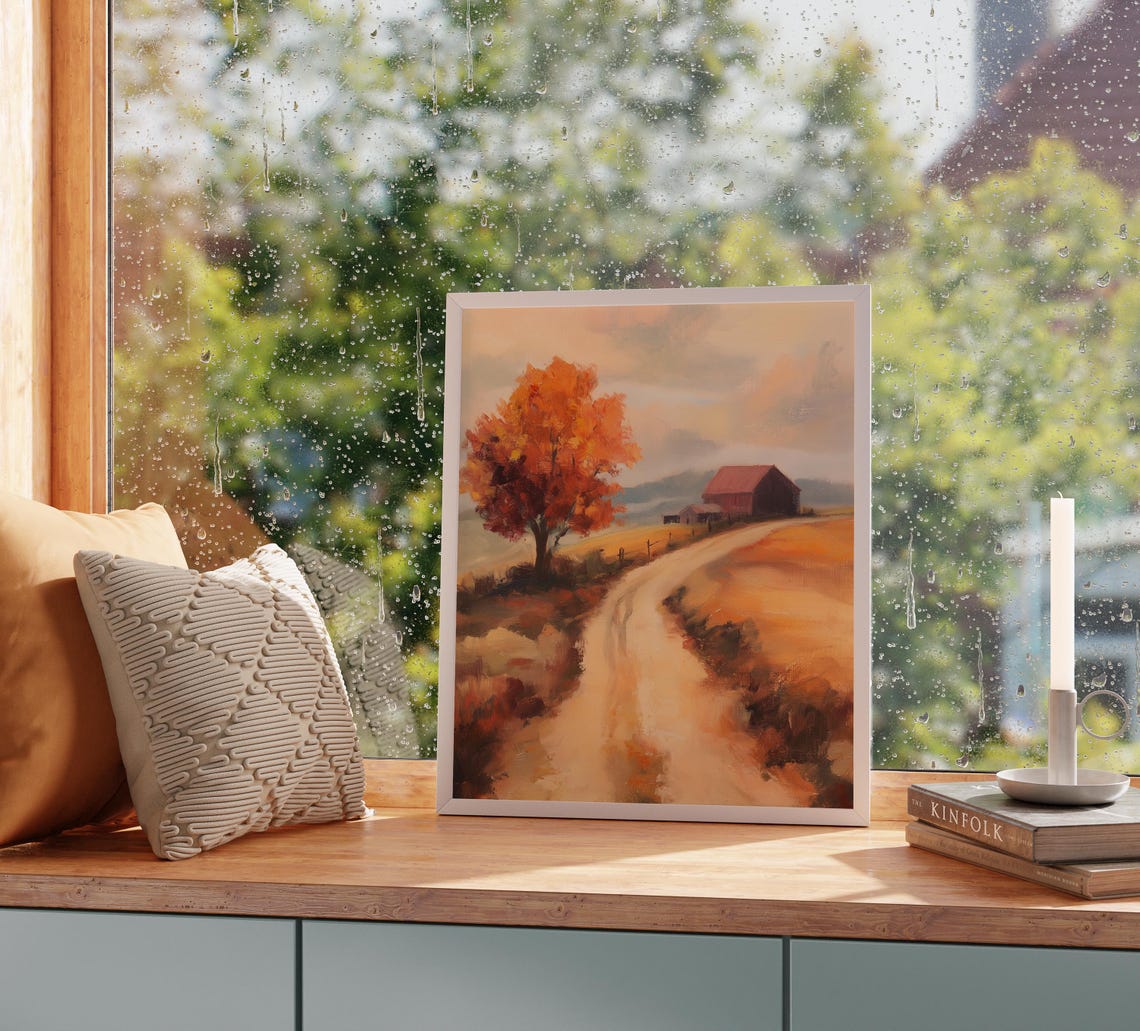Autumn Country Road Red Tree Distant Barn Golden Hazy Light Poster - Image 2