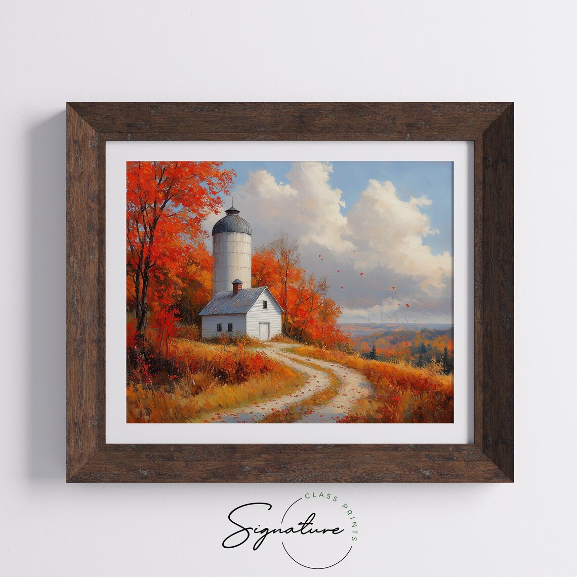 White Farmhouse with Silo Along Winding Road in Autumn Poster - Image 5