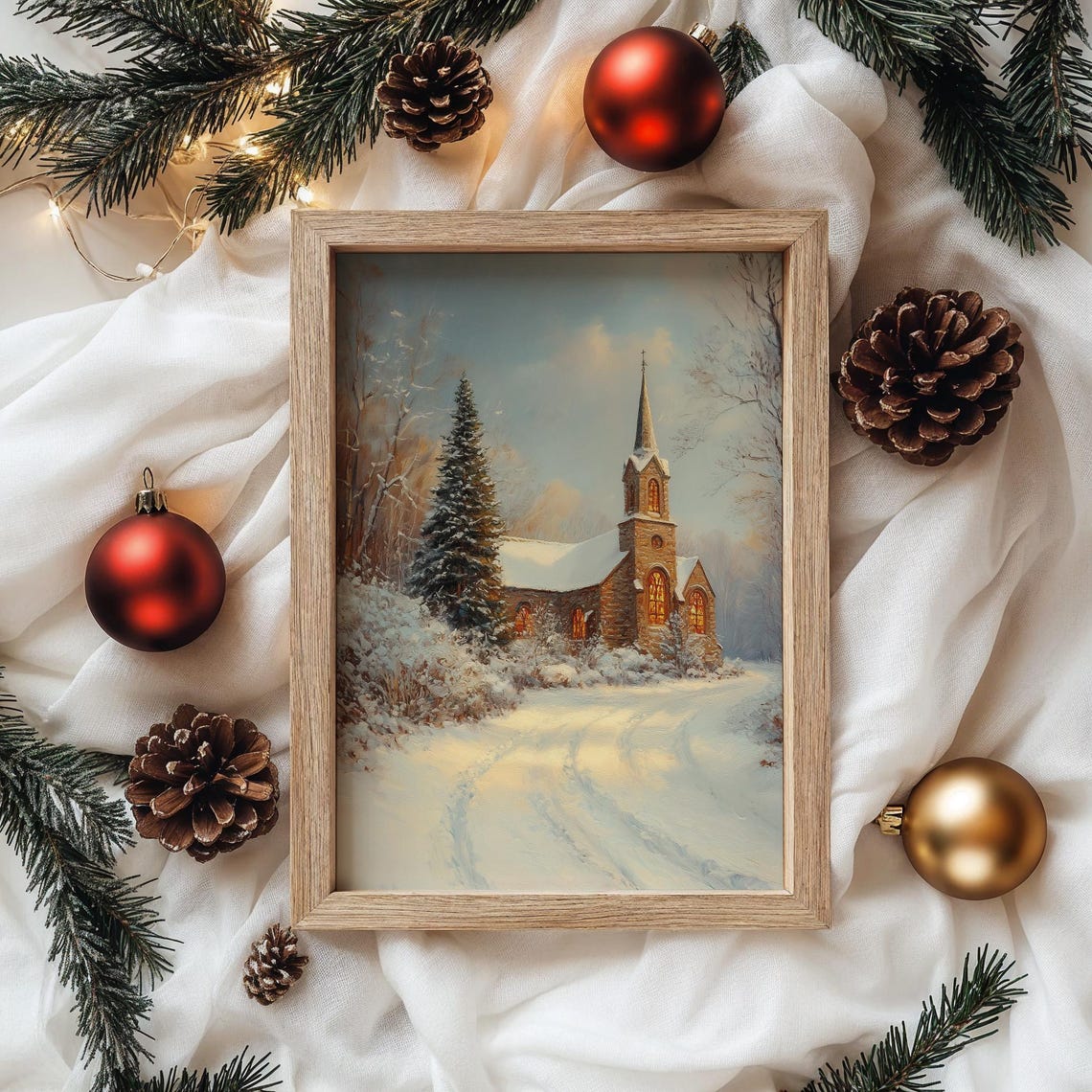 Historic Stone Church In Winter Snow With Glowing Windows Poster - Image 4