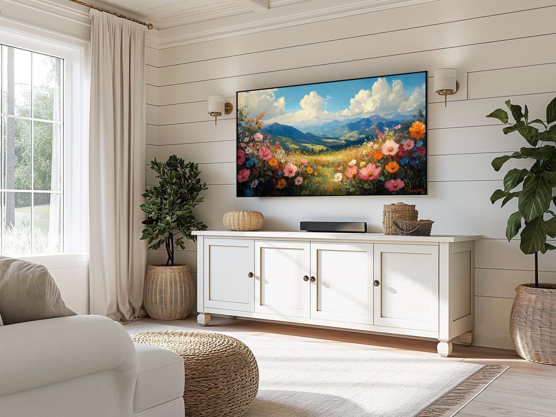 Colorful Wildflower Field Below Blue Mountains Frame TV Wall Art - Image 5