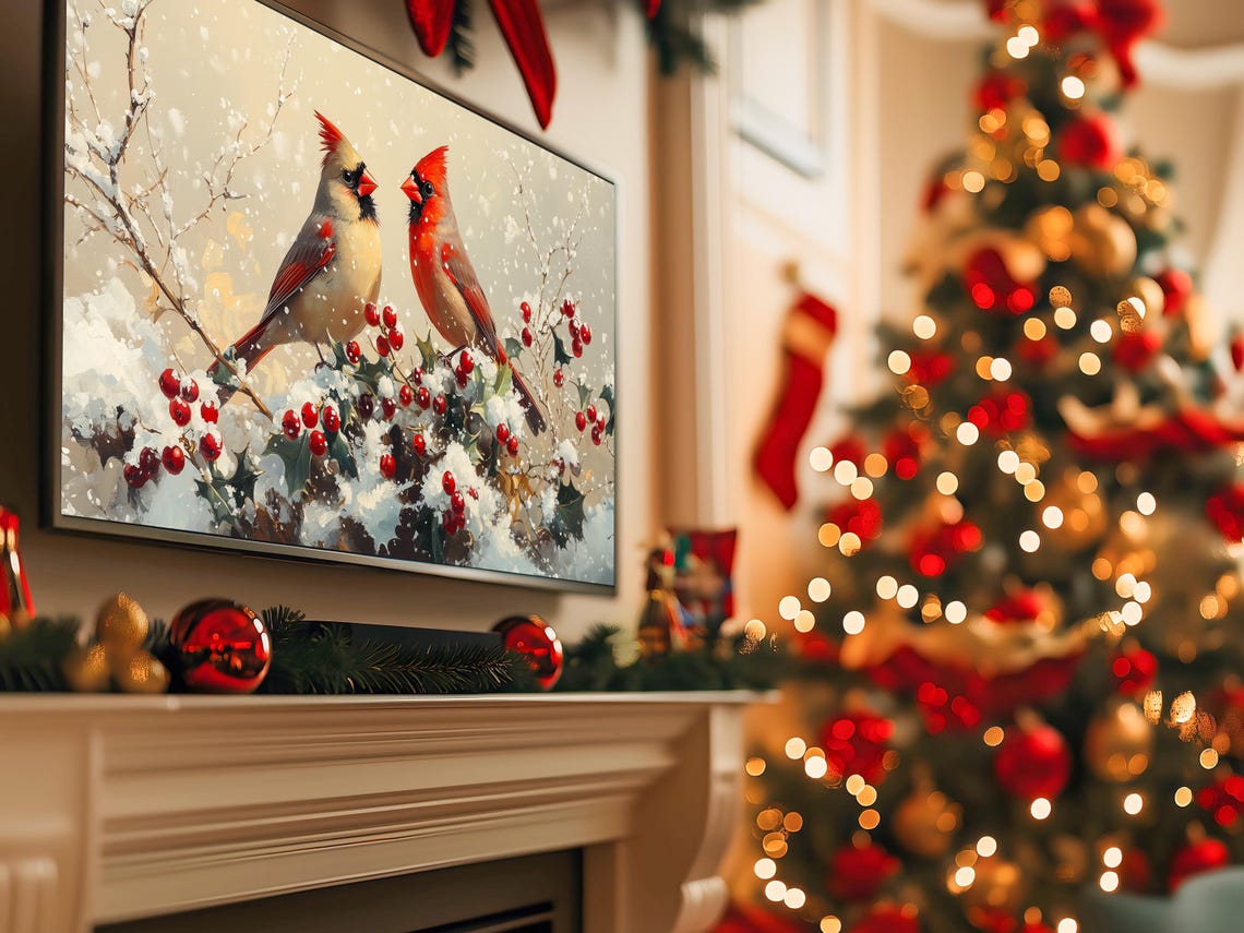 Cardinal Pair in Snowy Holly Bush Red Berries Winter Bird Poster - Image 5