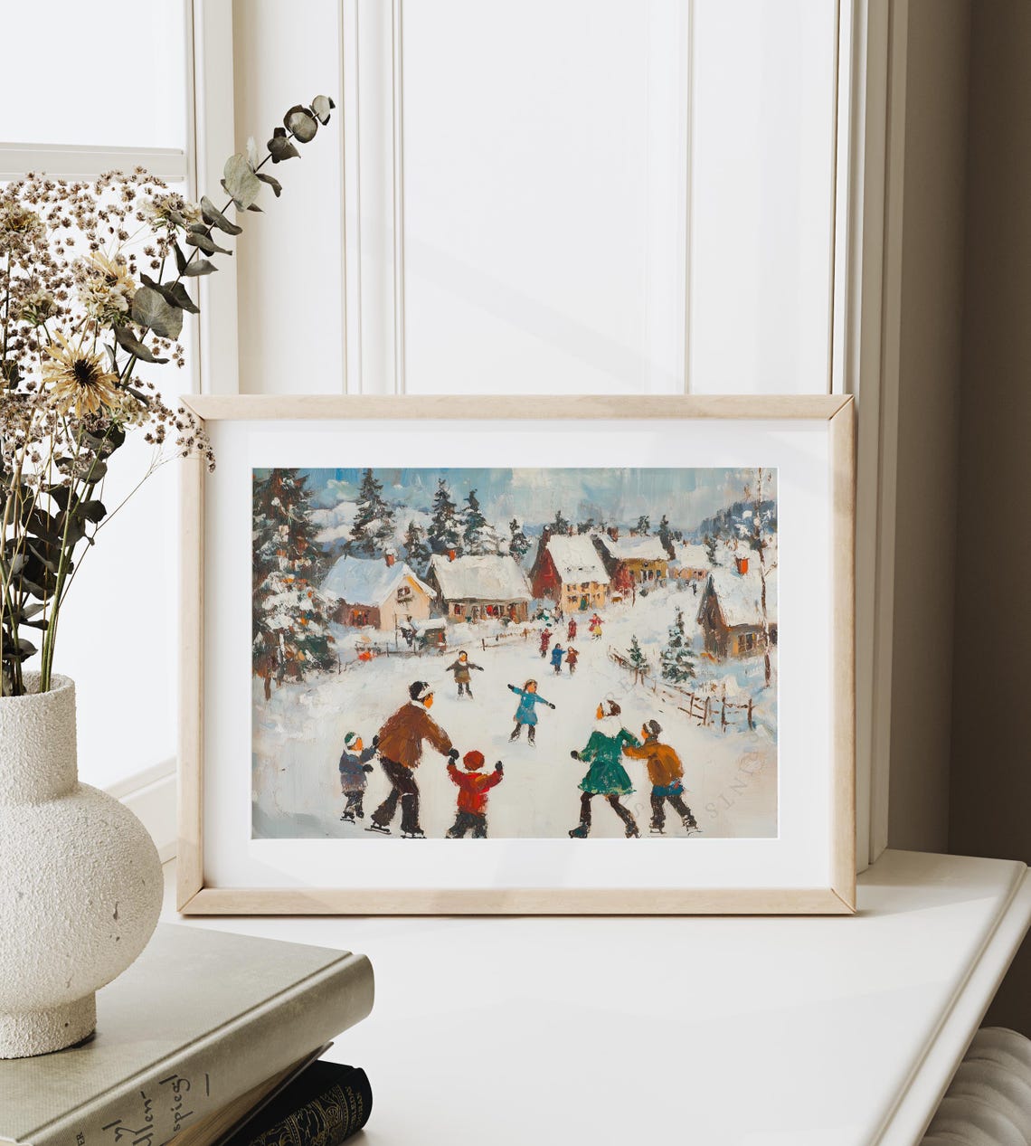 Families Ice Skating In A Snowy Village Square In Winter Poster - Image 6