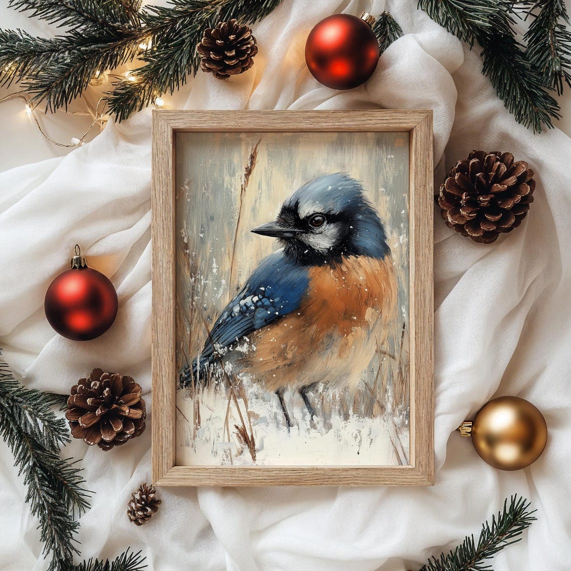 Blue Jay In Falling Snow Among Winter Grasses Bird Art Poster - Image 4