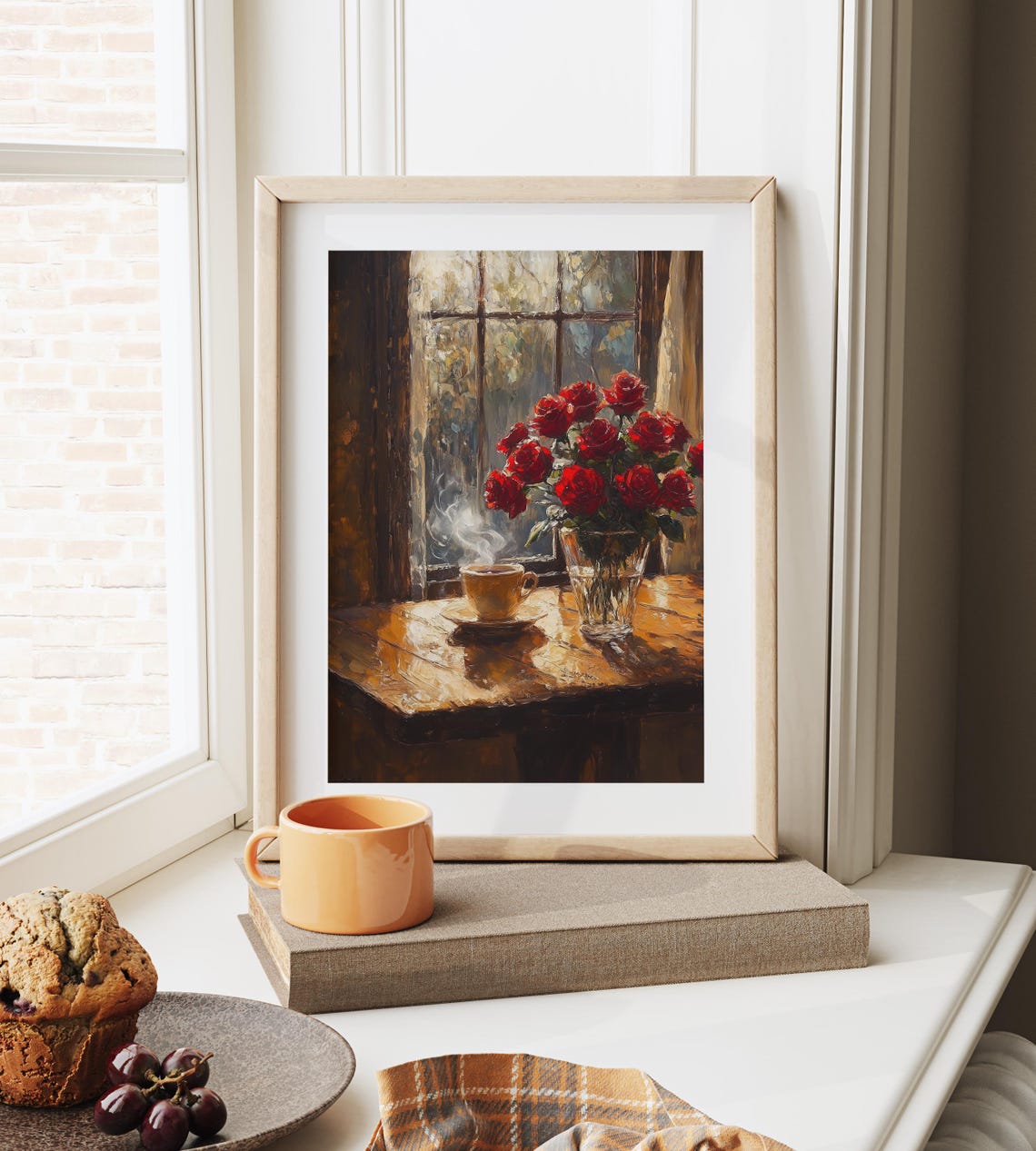 Red Roses Vase Steaming Coffee Sunlit Window Cozy Morning Art Poster - Image 6