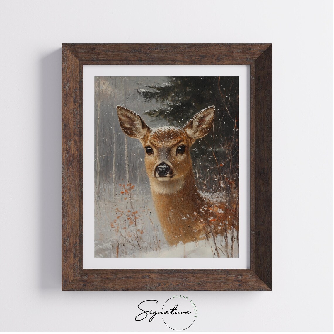 Doe Portrait in Snowy Forest Winter Wildlife Oil Painting Print - Image 3