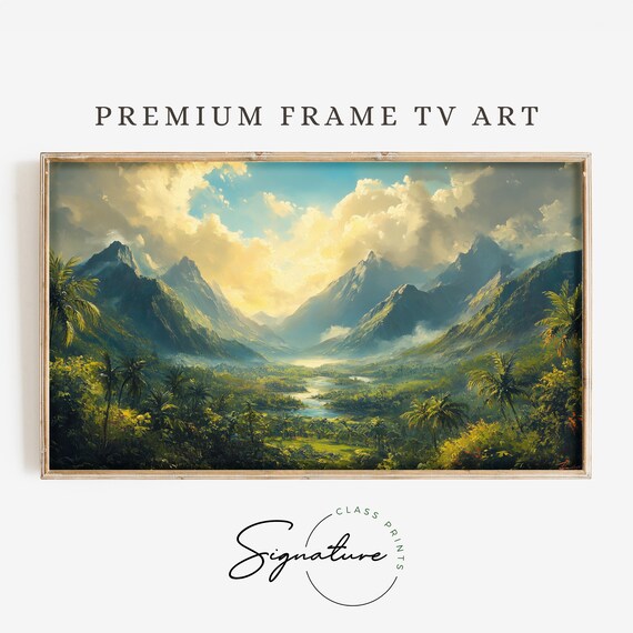 Majestic Mountain Valley Tv Art Lush Landscape Frame Tv Art Rustic Nature Painting Serene Wall Decor 3518