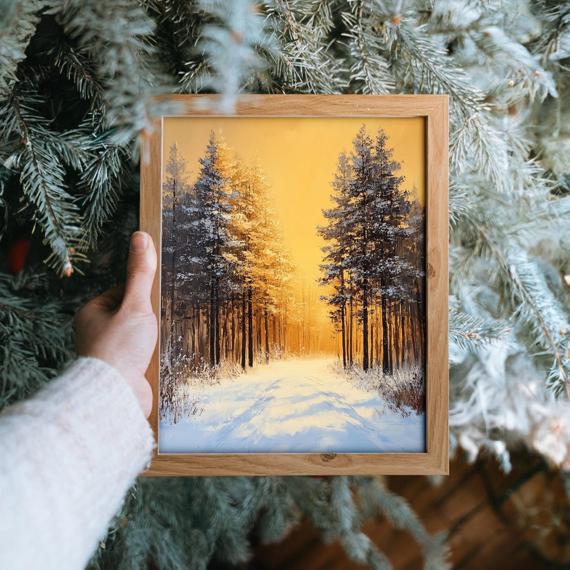 Golden Sunset Light on Snowy Forest Path Winter Scene Poster - Image 6
