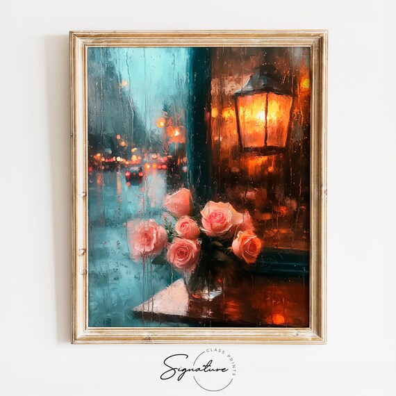 Rainy Night Coffee Shop Reflection With Roses Romantic Valentines Day Wall Art Moody Rustic Painting Decor Scene 3567