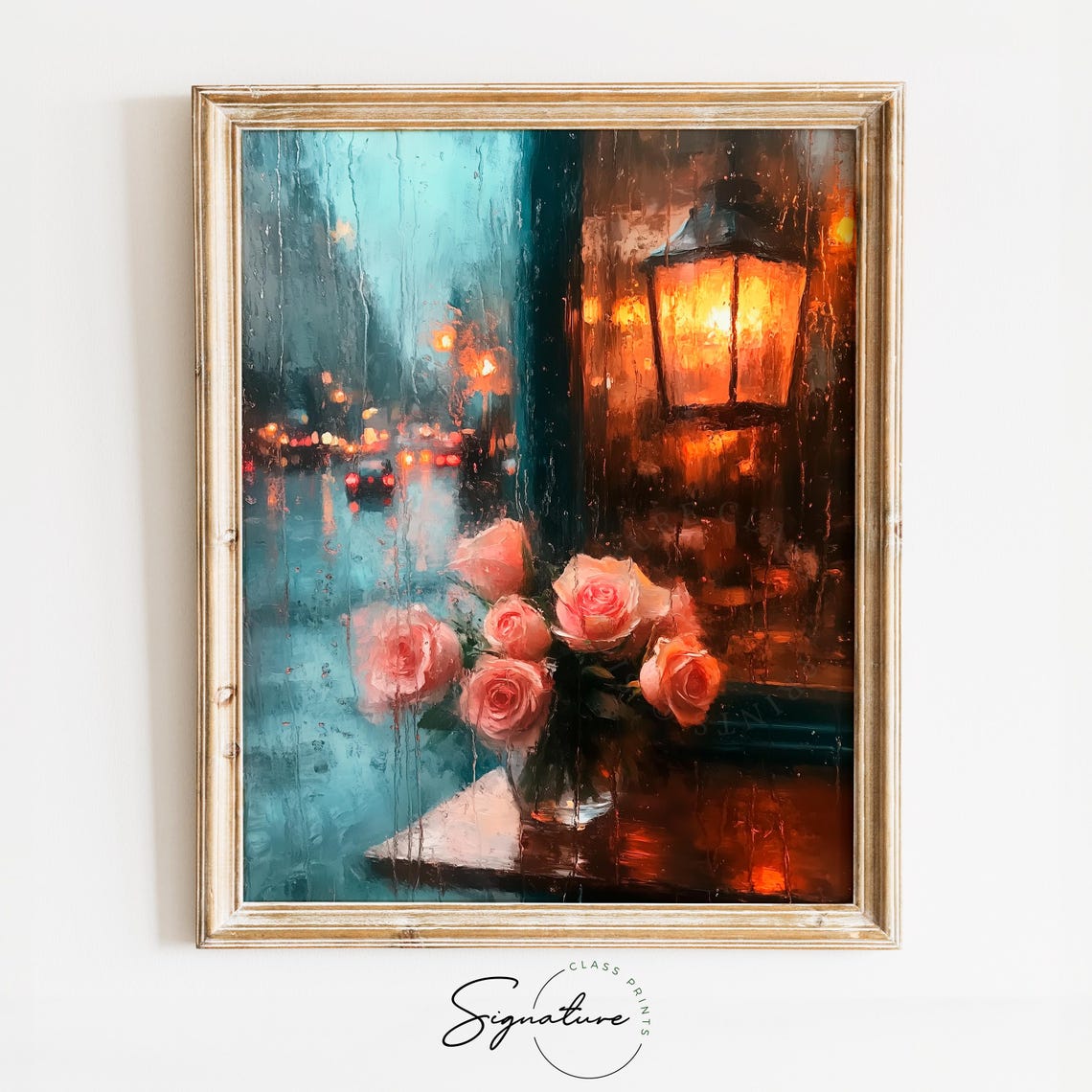 Rainy Night Coffee Shop Window Pink Roses Lantern Glow Wall Art