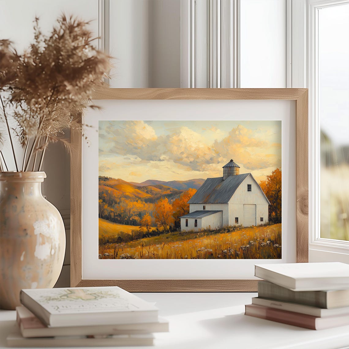 White Barn with Silo Over Golden Autumn Hills at Sunset Poster - Image 2