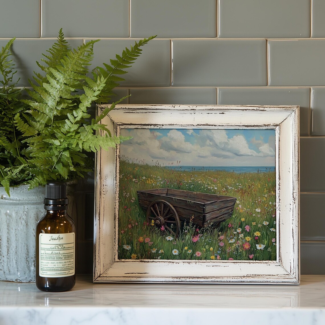 Old Wooden Wagon Wildflower Meadow Seaside Rustic Landscape Painting - Image 4