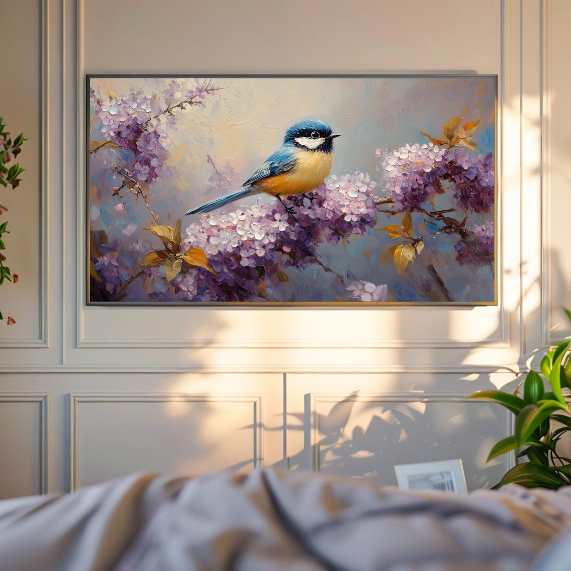 Spring Chickadee On Lilac Blossoms Pastel Bird Canvas Art Print - Image 4