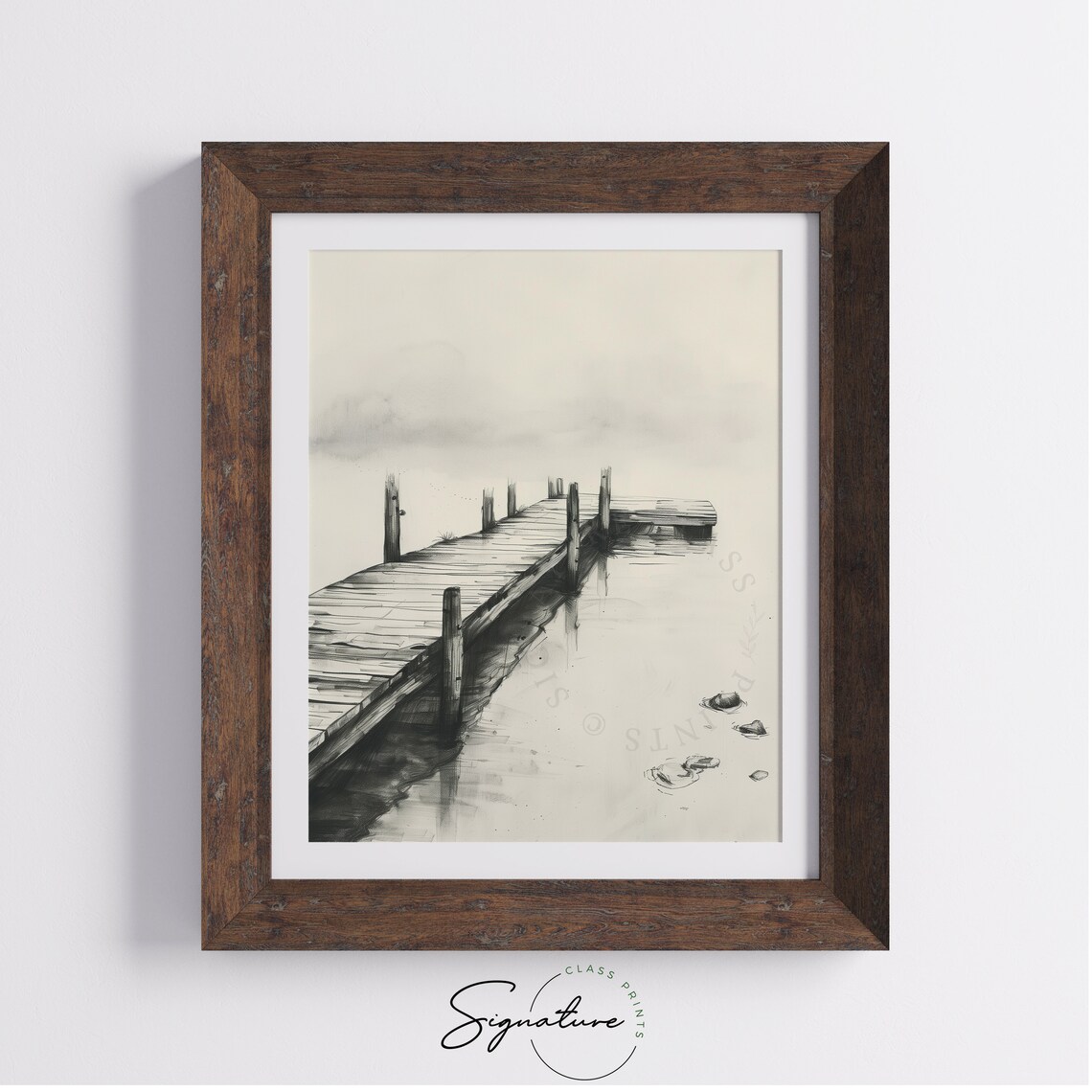 Weathered Wooden Pier In Misty Lake Serene Water Sketch Art Poster - Image 4