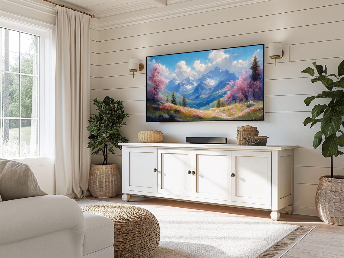 Mountain Valley Pink Blossom Trees Spring Snow Peaks Scenic Wall Art - Image 5