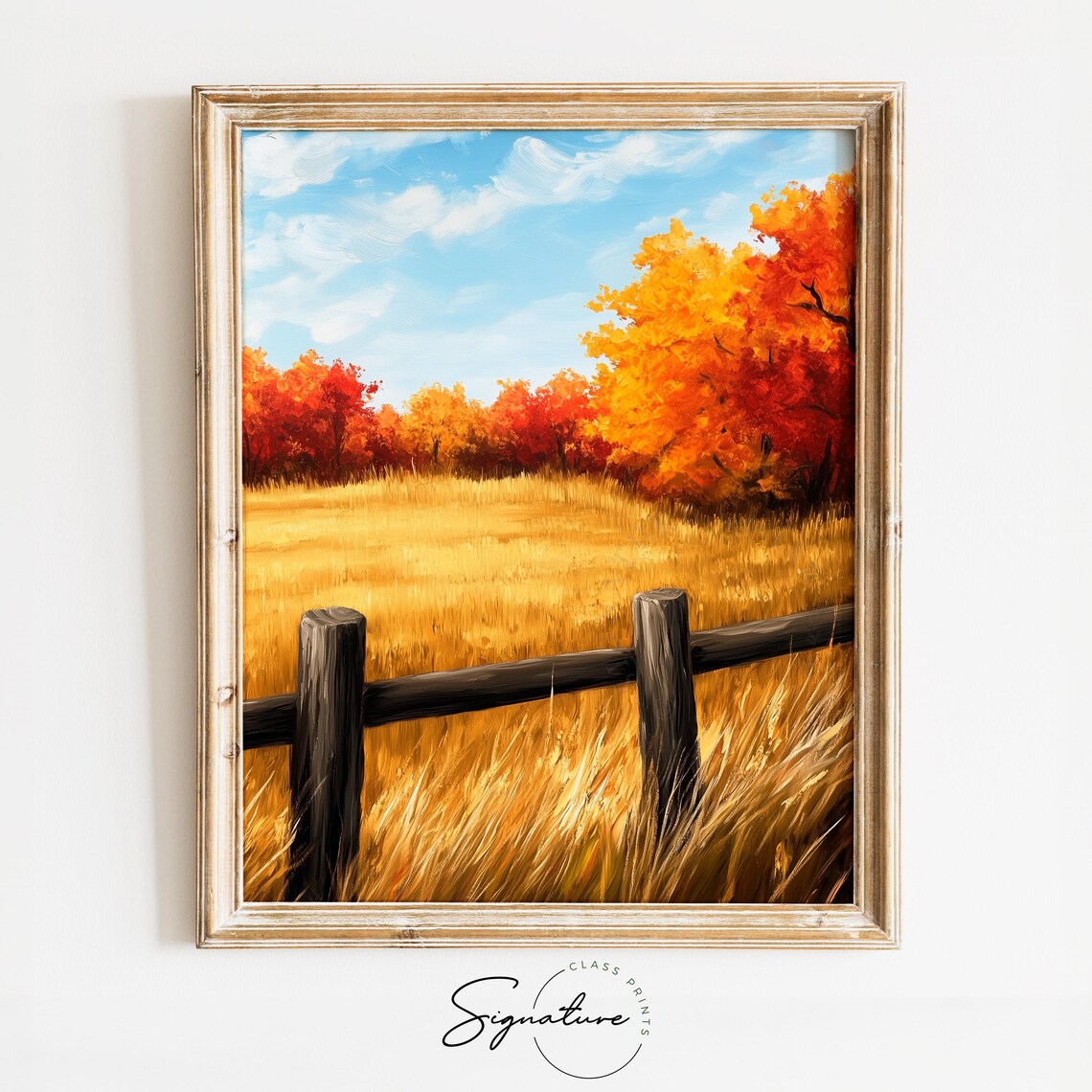 Weathered Fence Posts Overlooking Vast Golden Meadow in Autumn Wall Art
