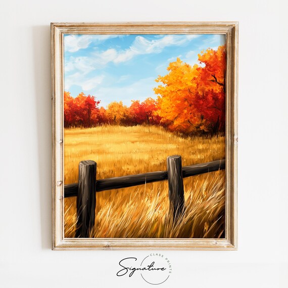 Weathered Fence Posts Overlooking Vast Golden Meadow in Autumn Wall Art