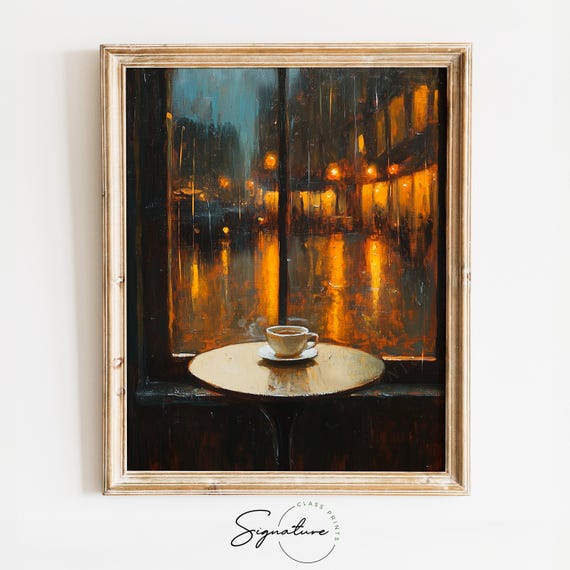 Single Cup By A Rainy Caf Window Moody Minimalist Painting Romantic Paris Wall Art Warm Cozy Print Artwork 3695