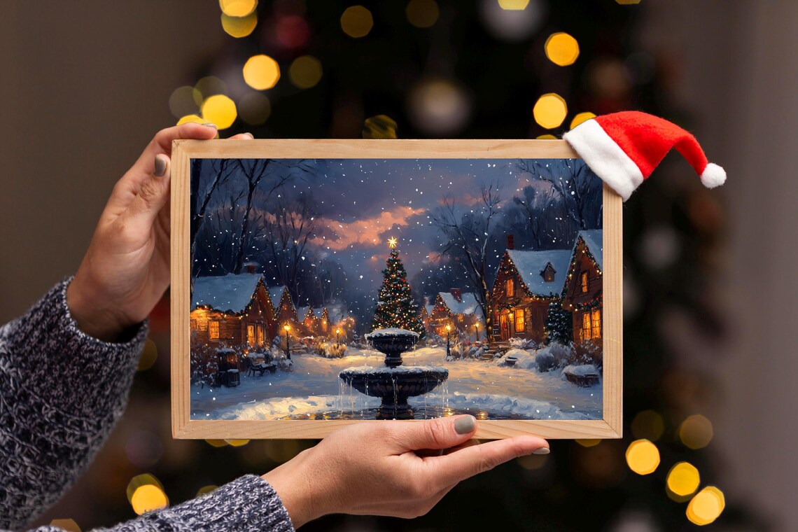 Snowy Village Square Night Fountain Christmas Tree Painting Poster - Image 3