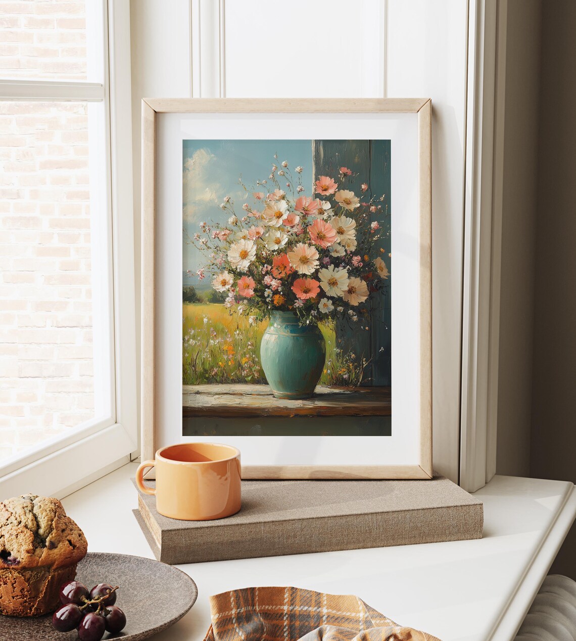 Turquoise Vase With Spring Cosmos Flowers Rustic Oil Painting Wall Art - Image 6