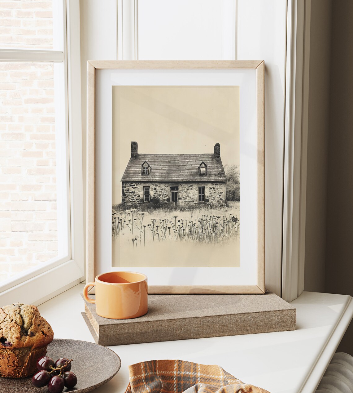 Old Stone Cottage In Wildflower Field Rustic Farmhouse Sketch Poster - Image 6