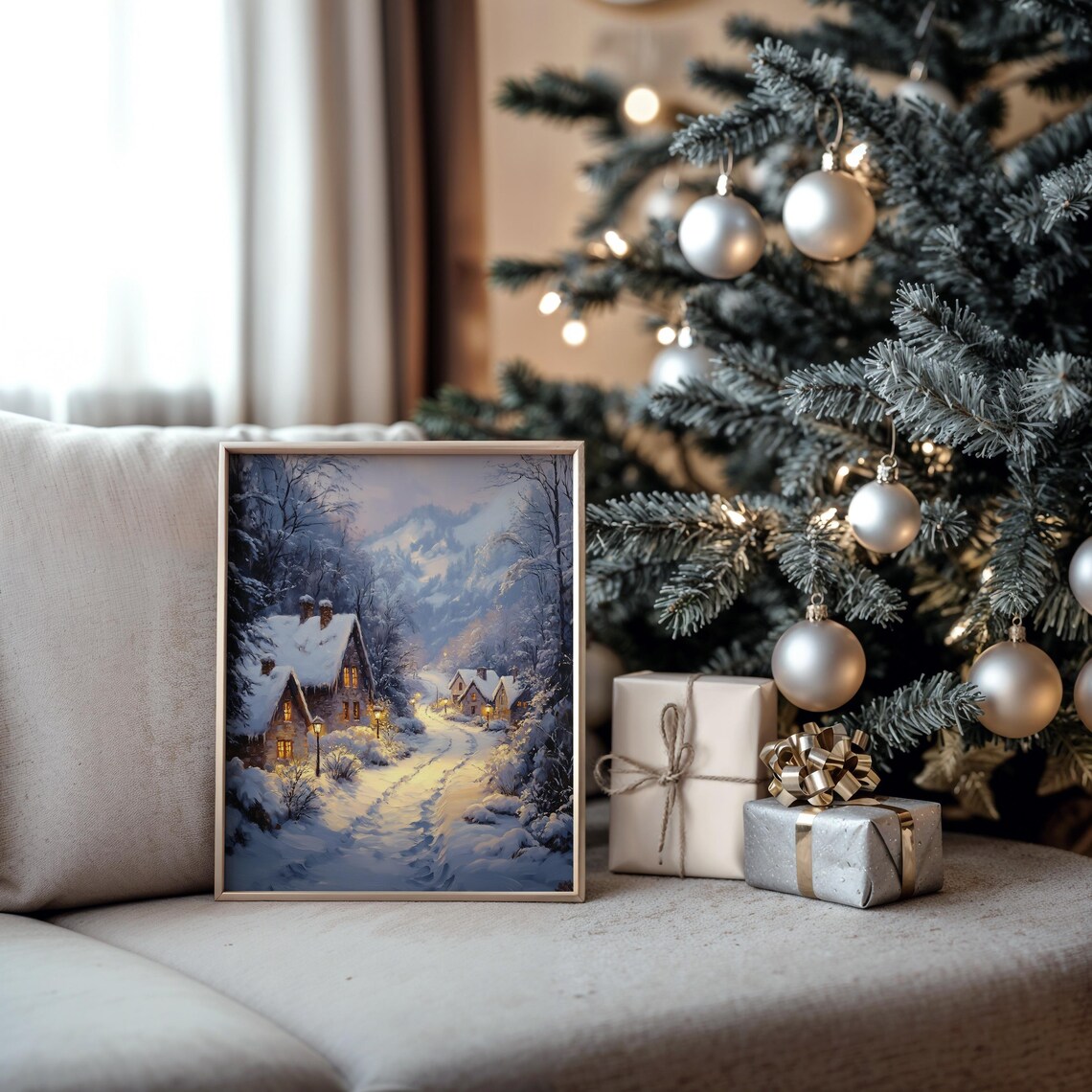 Snowy Mountain Village At Dusk With Glowing Windows Winter Wall Art - Image 5