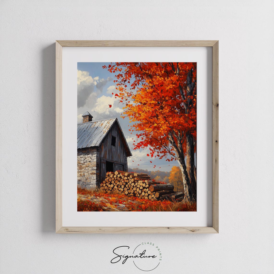 Stone Barn With Stacked Firewood Under Blazing Red Autumn Tree Poster - Image 3