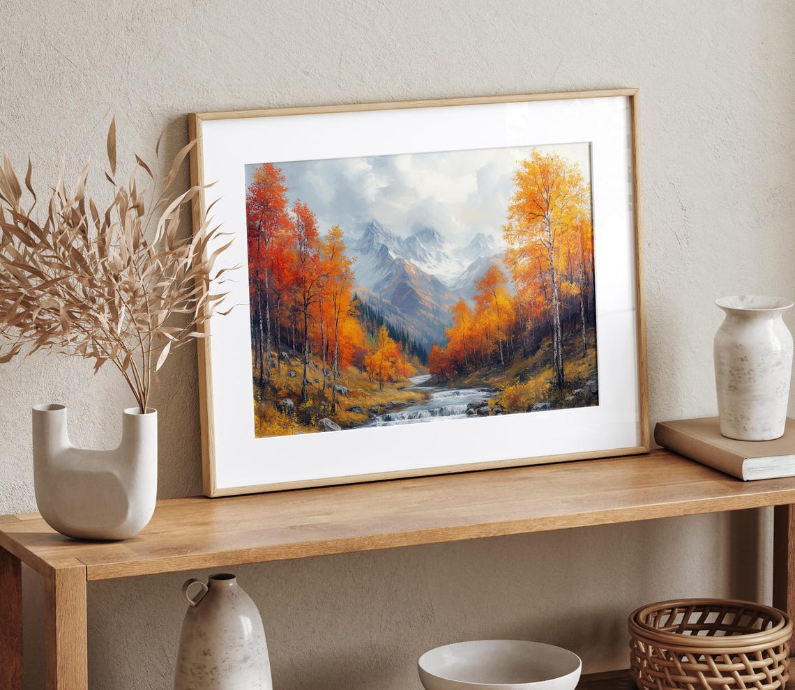 Autumn Mountain River Painting Snowy Peaks Colorful Fall Trees Poster - Image 4