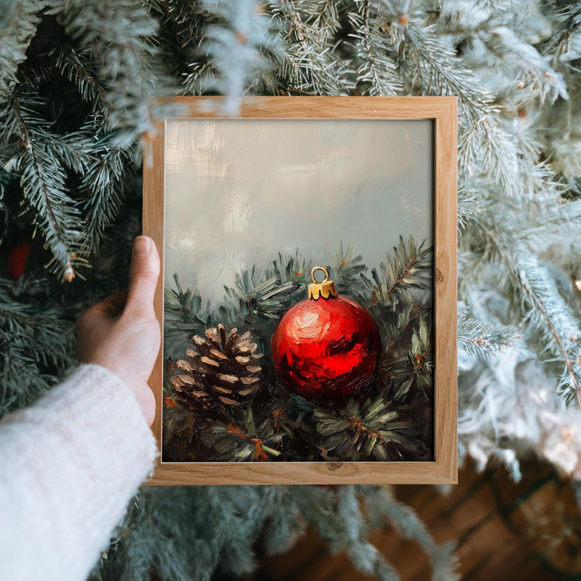 Red Christmas Ornament and Pinecone on Evergreen Branches Poster - Image 6