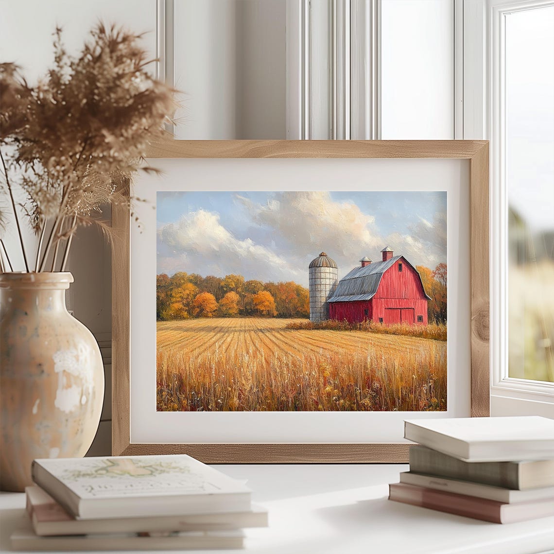 Classic Red Barn Silo Golden Wheat Field Autumn Fall Trees Print - Image 2
