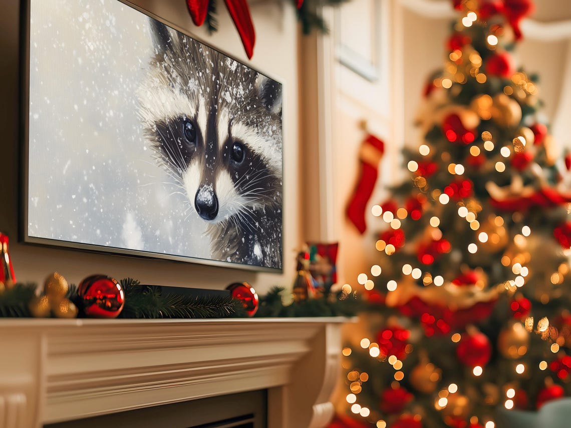 Raccoon Face Close Up in Falling Snow Winter Wildlife Poster - Image 5