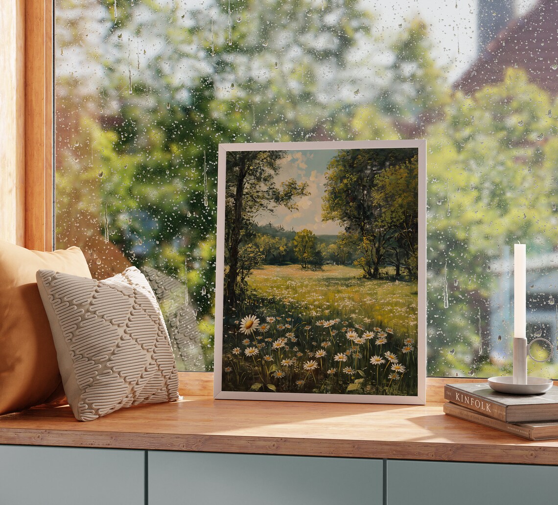 Daisy Meadow Woodland Edge White Flowers Sunny Clearing Nature Oil Poster - Image 2