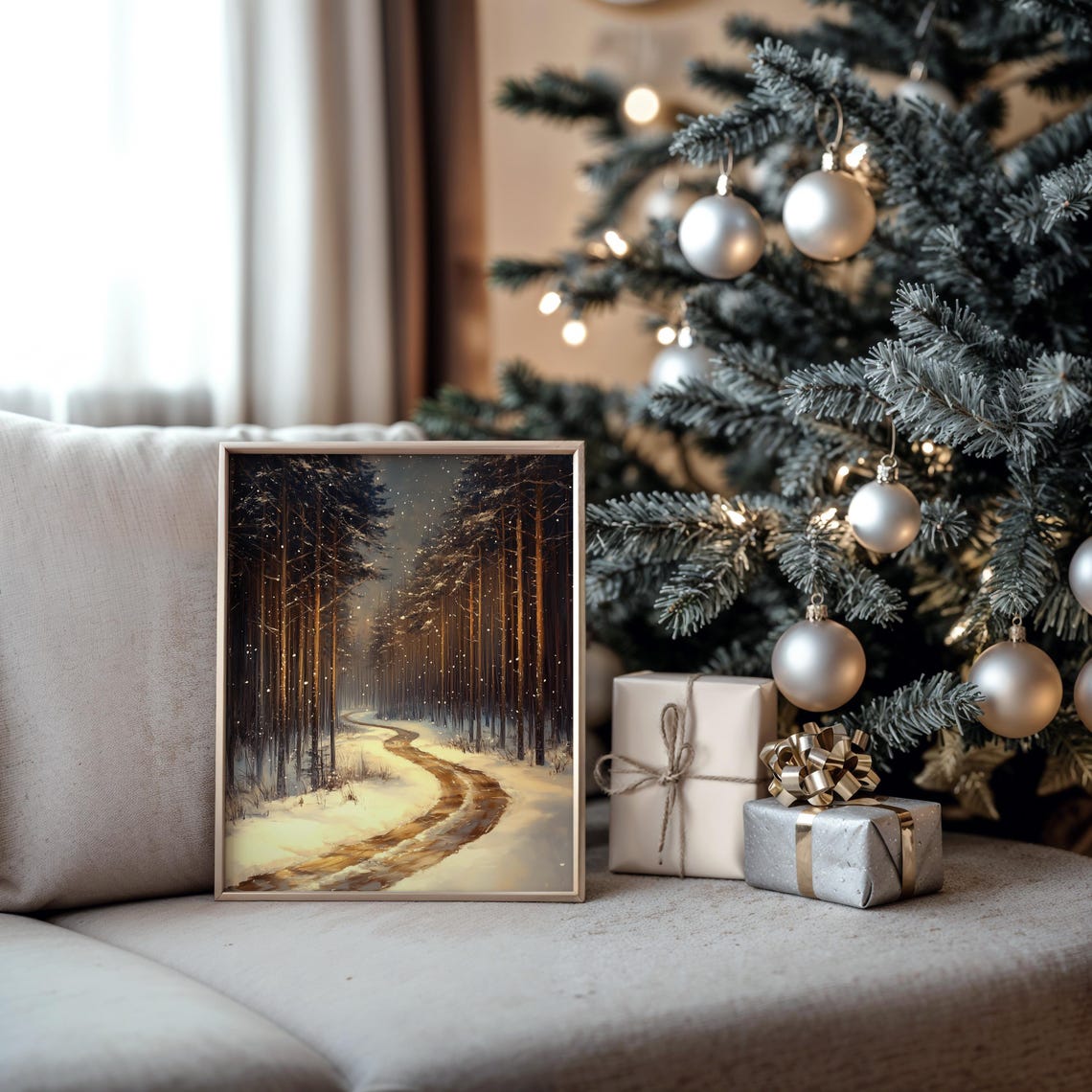 Snowy Forest Path at Night with Falling Snow in Dark Winter Poster - Image 5