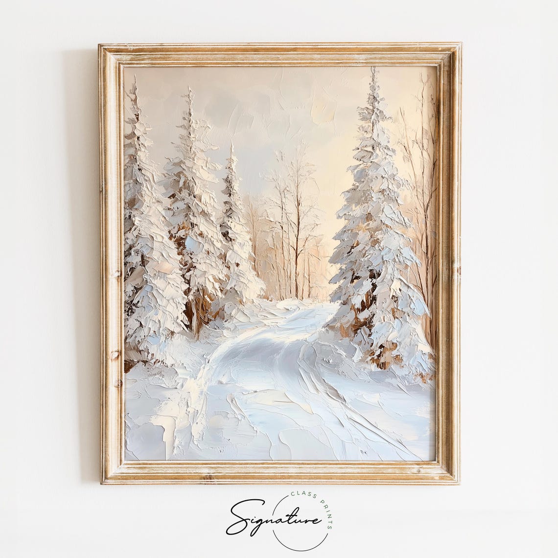 Textured Snowy Forest Path Between Firs Winter Impasto Poster