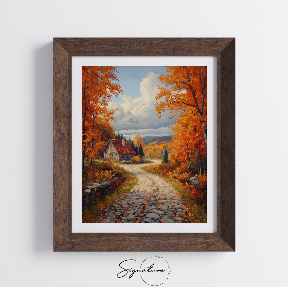 Stone Cottage on Cobblestone Lane Amid Glowing Autumn Woodland Wall Art - Image 4