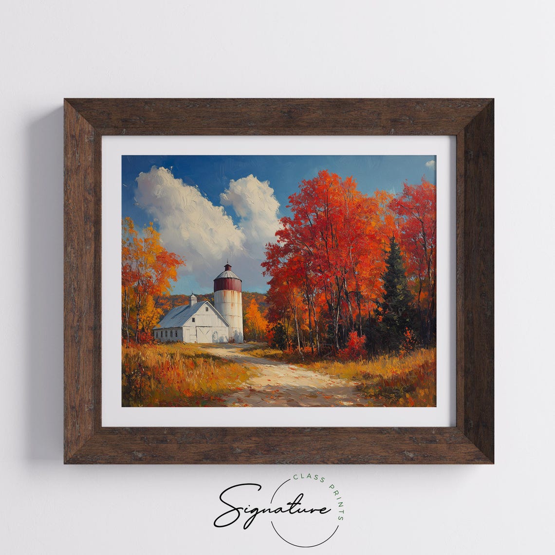 White Barn And Silo Among Blazing Red Trees Under Blue Sky Poster - Image 5