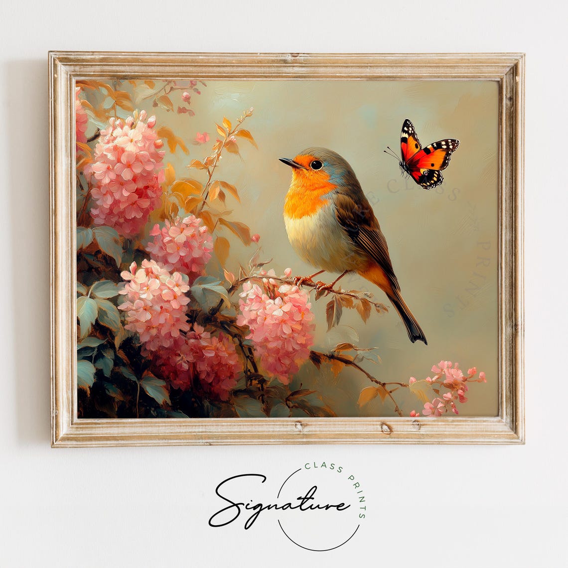 Robin On Pink Blossom Branch With Red Butterfly Charming Wall Art