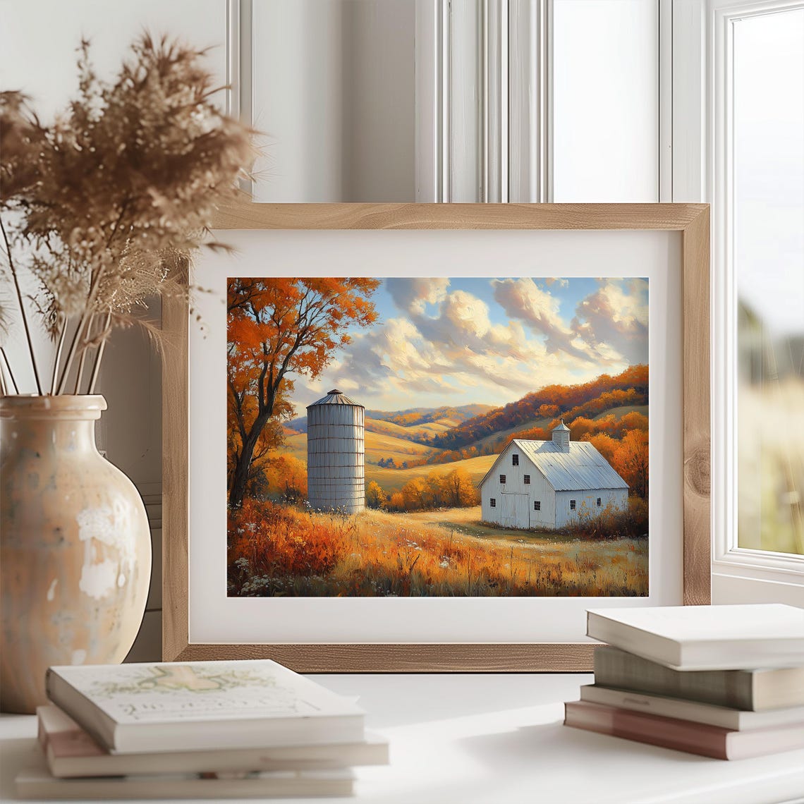 White Barn Silo Autumn Rolling Hills Fall Farmhouse Landscape Wall Art - Image 2