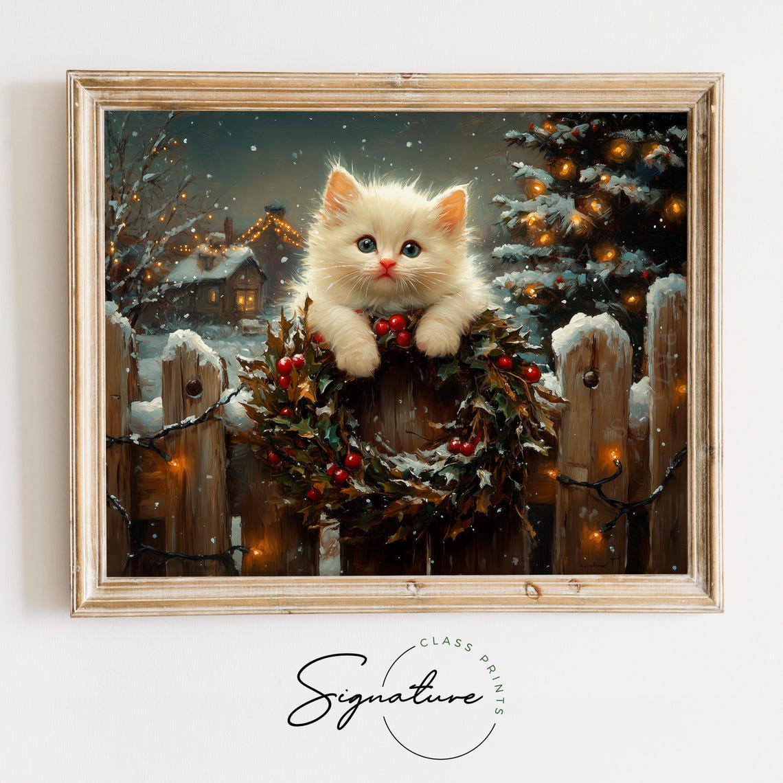 Fluffy White Kitten On A Holly Wreath At Night Winter Christmas Poster
