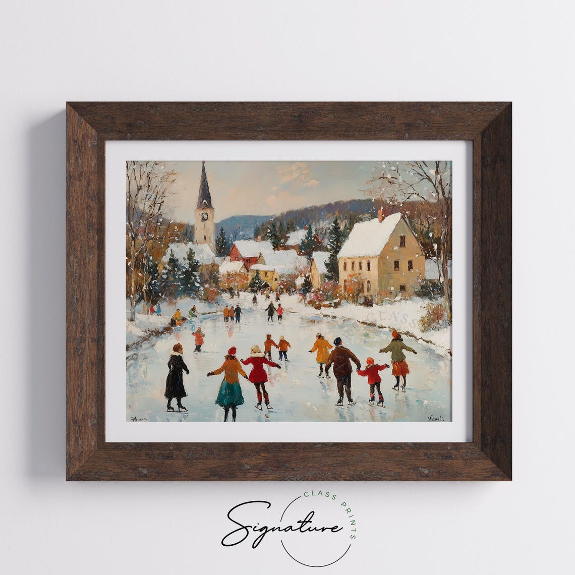 Snowy Village Ice Skating Scene With Church Steeple Clock Poster - Image 5