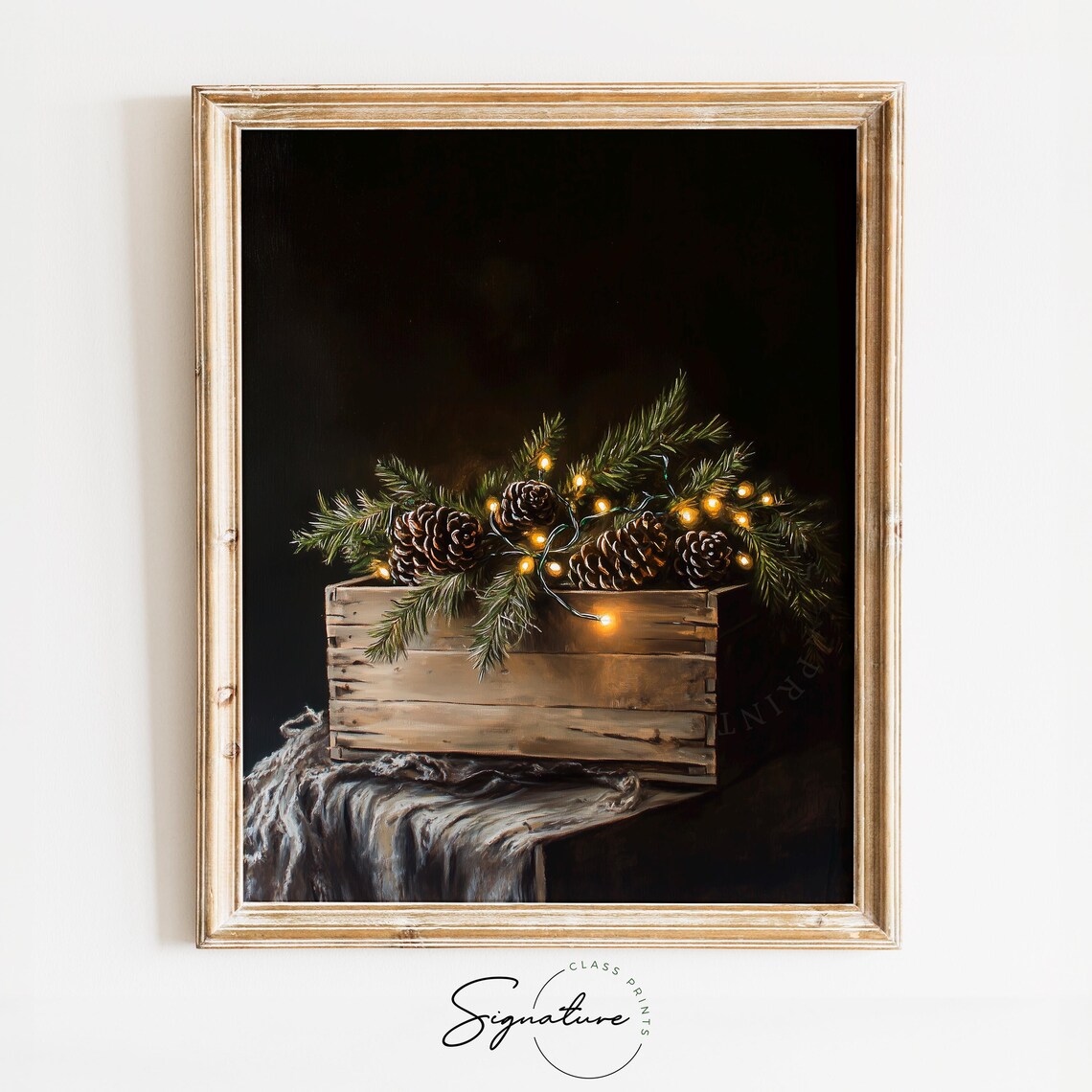 Pinecones Evergreen and Fairy Lights in Wooden Crate Holiday Poster