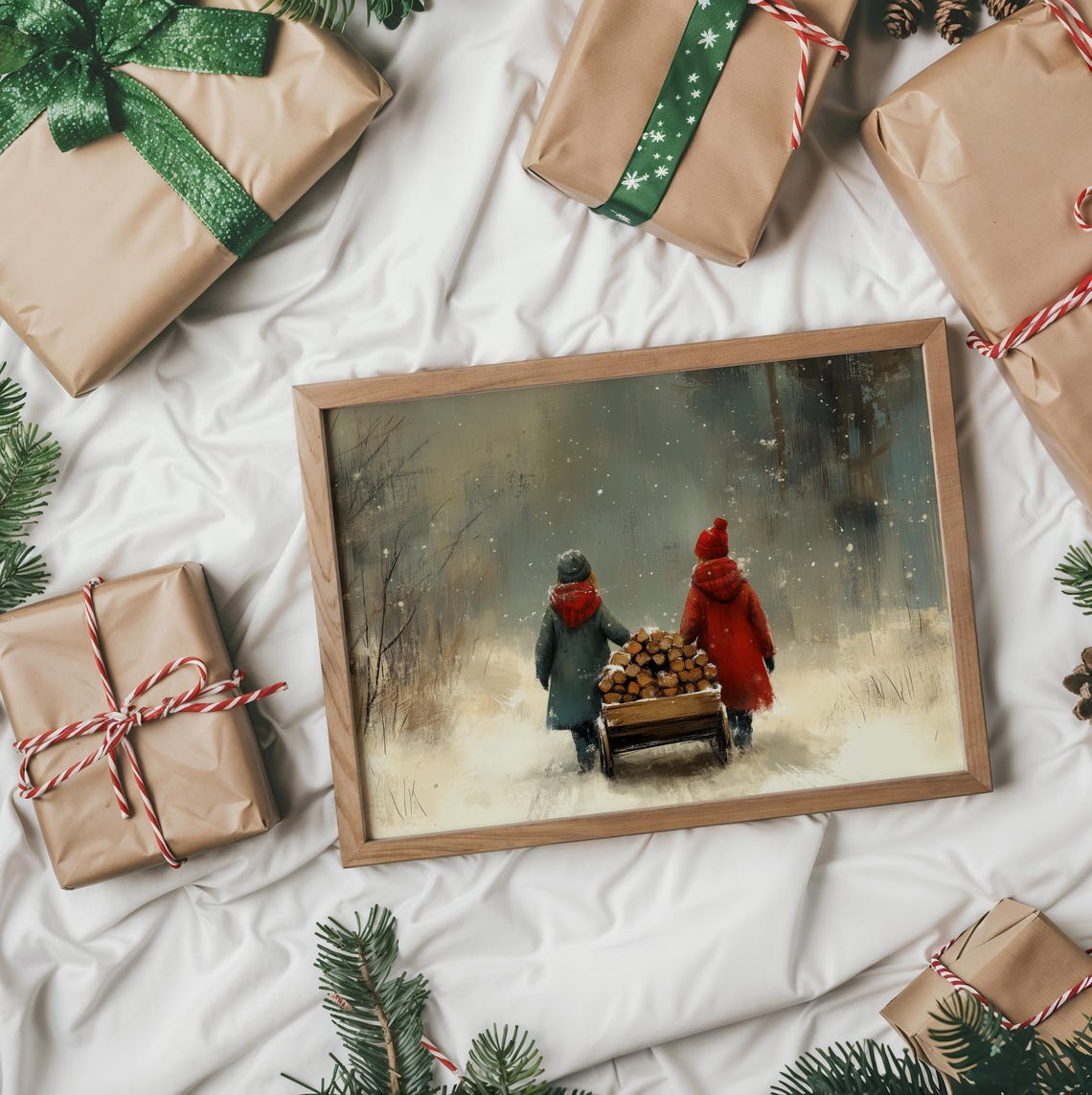 Children Pulling Firewood Cart Through Snowy Woods Scene Poster - Image 2