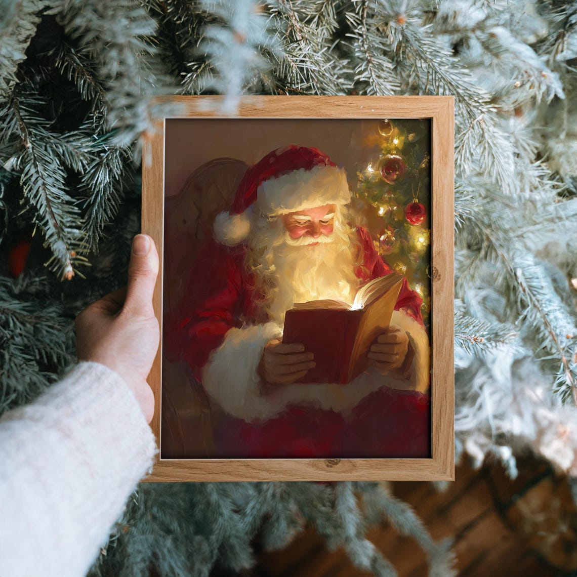 Santa Claus Reading Glowing Book Christmas Tree Painting Poster