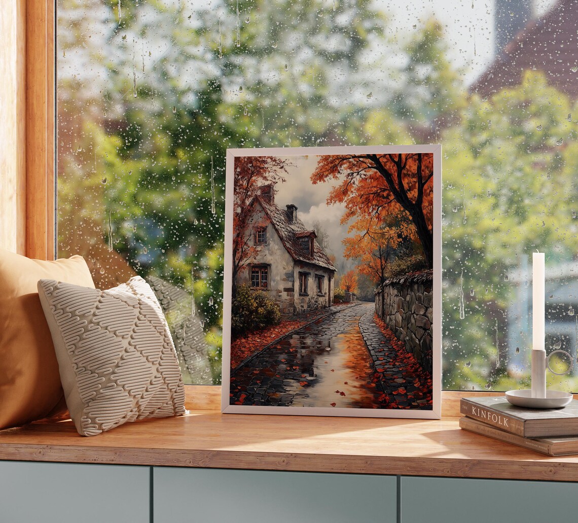 Autumn Cobblestone Street Rainy Day Village Art - Image 2