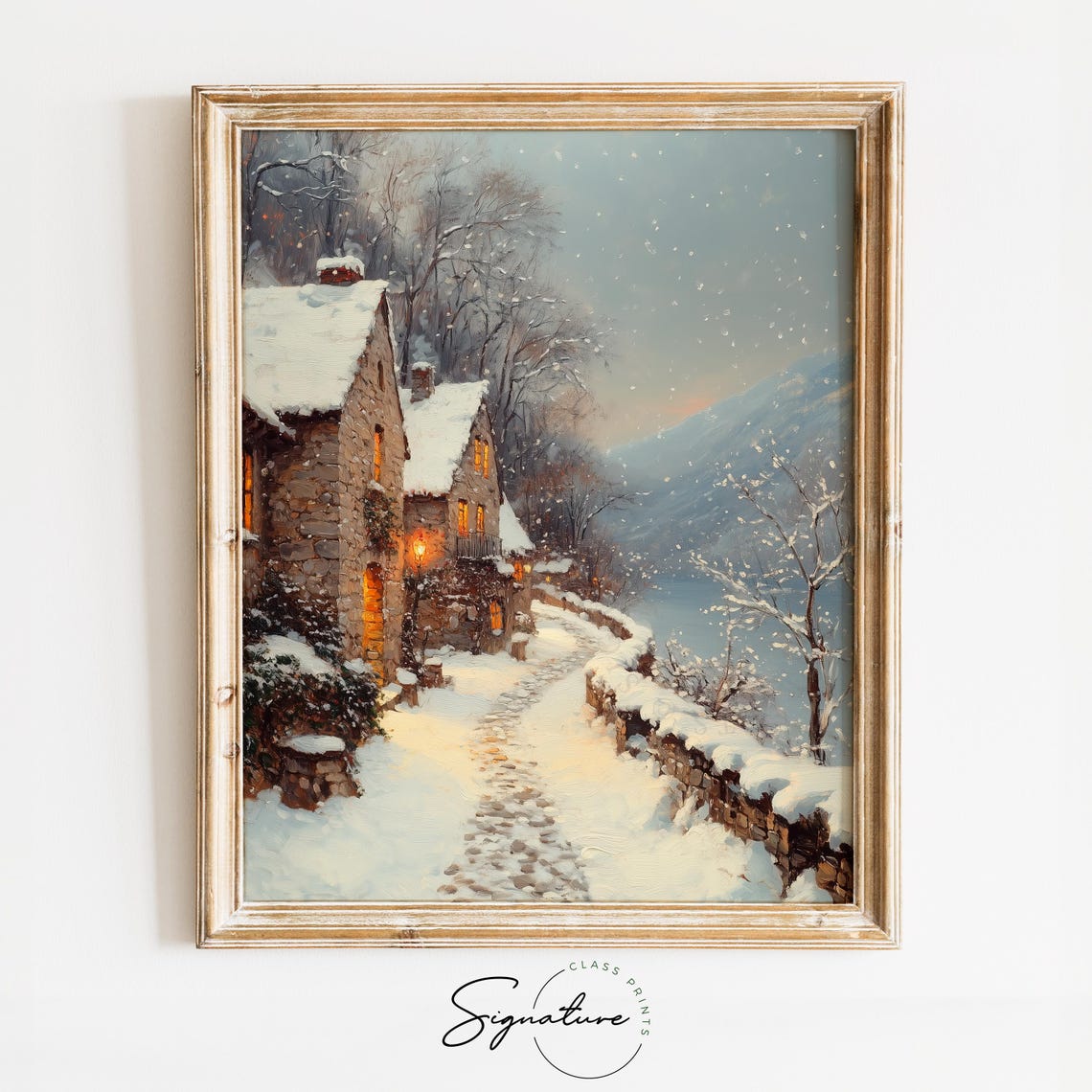 Snowy Cobblestone Lane by the Lake Winter Village Scene Poster
