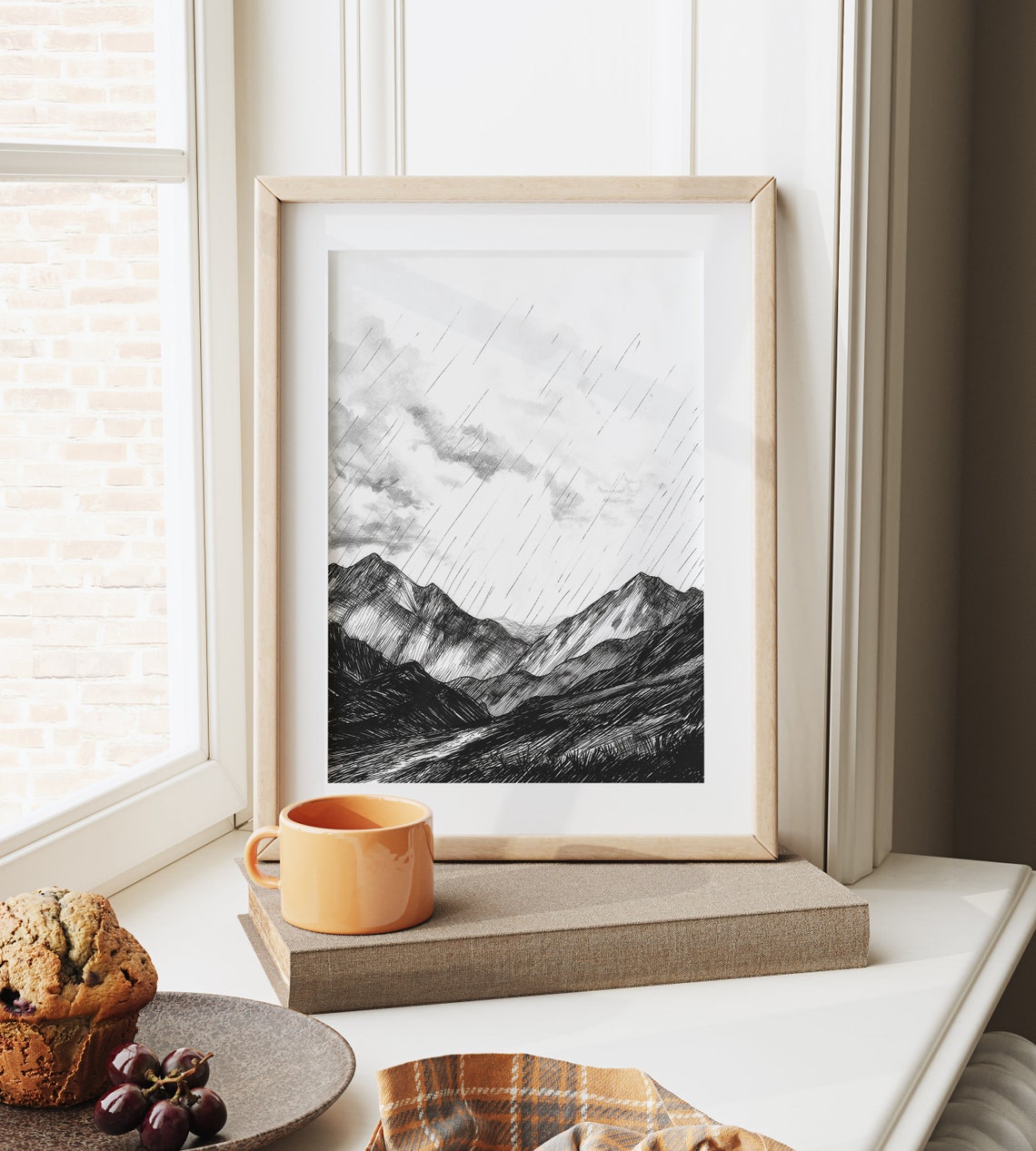 Dramatic Heavy Rain Over Rugged Mountain Range Pen Sketch Poster - Image 6
