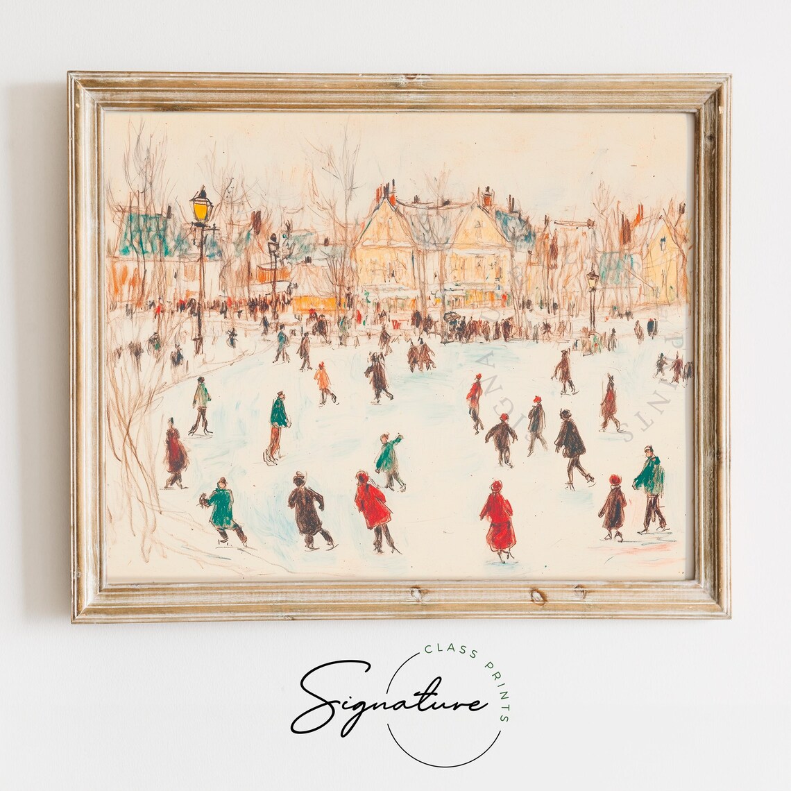 Village Ice Skating Scene With Colorful Sketch Figures Winter Poster